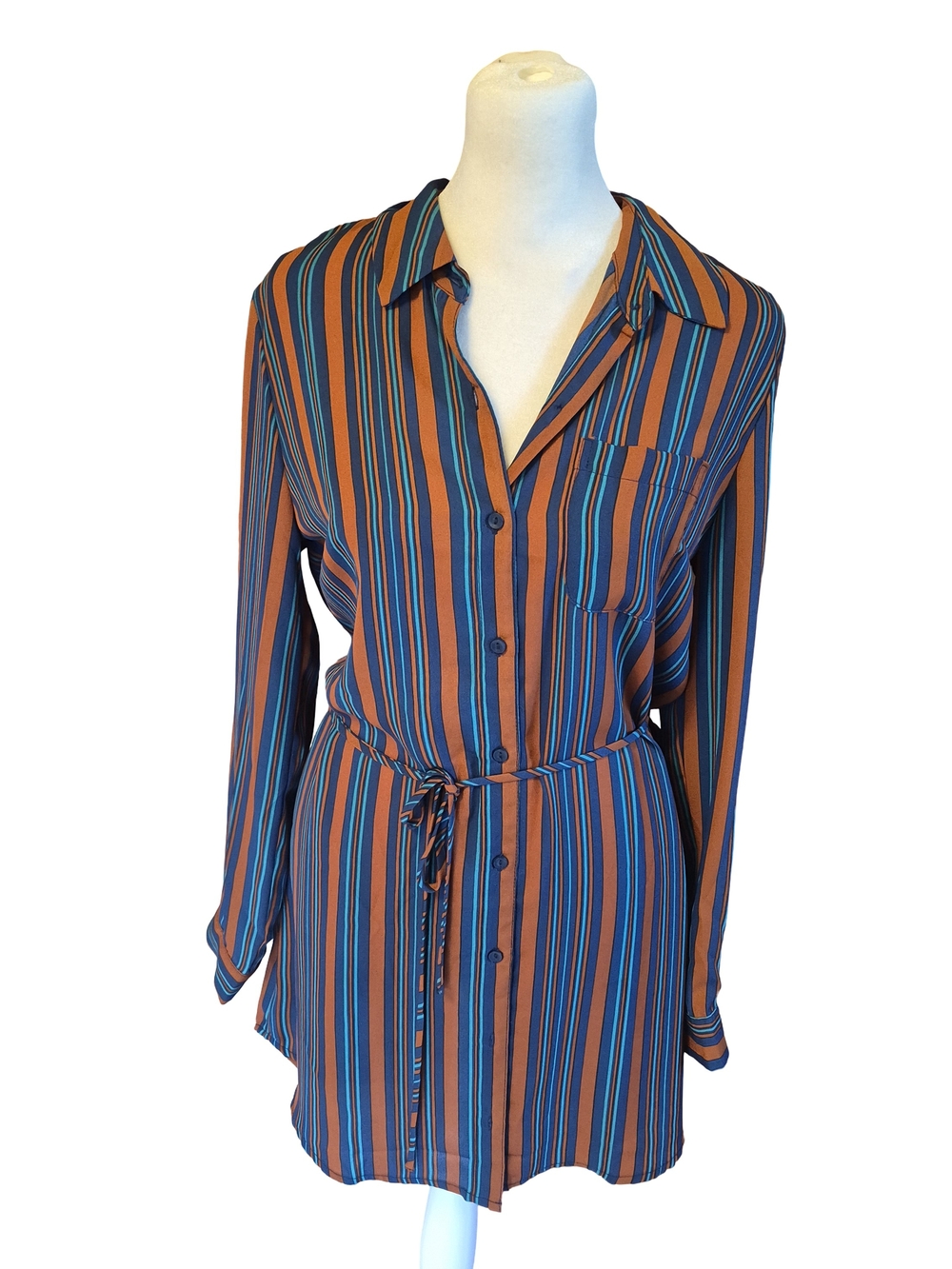 Timing Striped Long-Sleeve Tie-Waist Shirt Dress in Rust & Teal